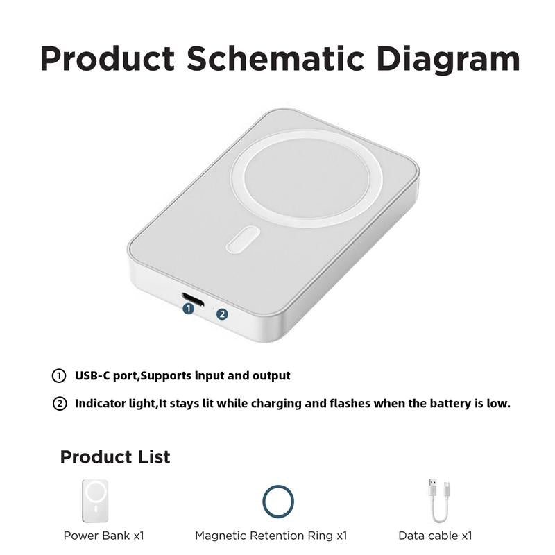 5000mAh Magnetic Power Bank - Fast Charging Wireless Charger for iPhone 17/16/15/14/13/12/Plus/Pro Max - Compact & Portable Power Solution